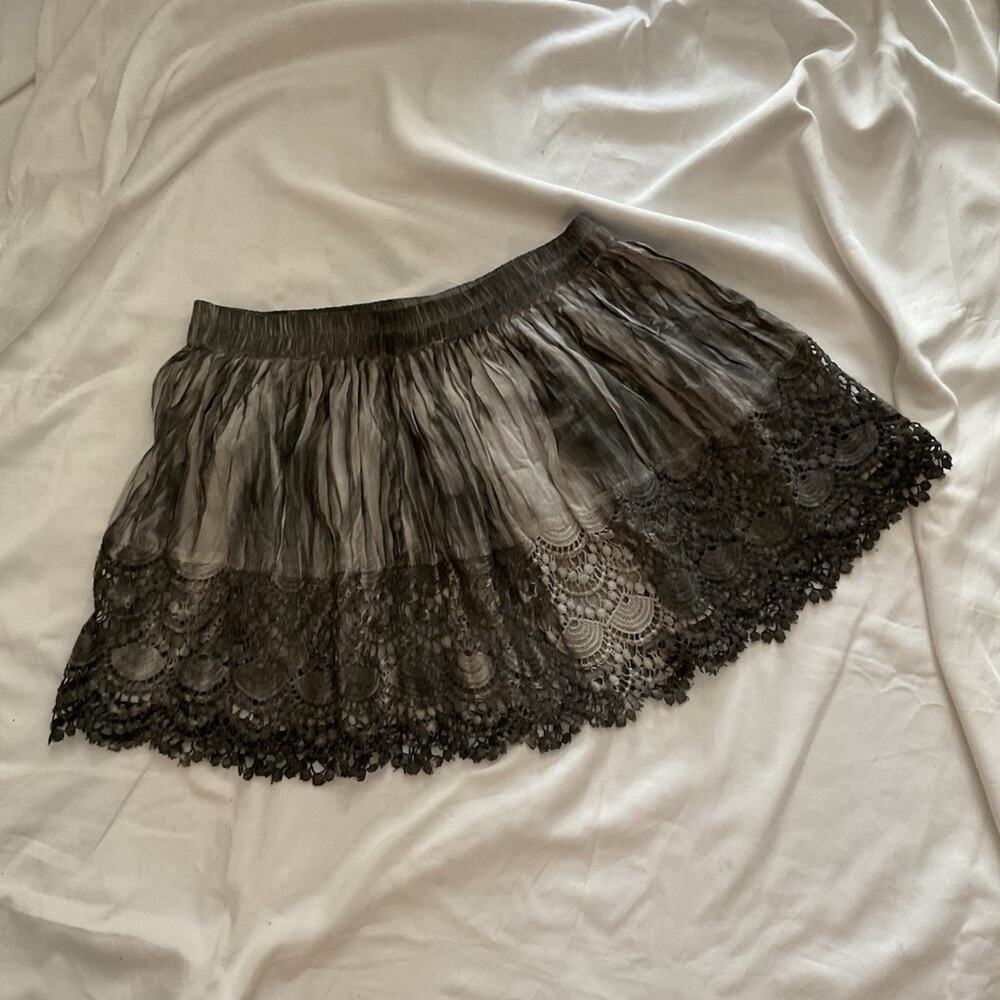 Raga Gray/Black Lace Pleated Mini Skirt Elastic Waist Pull On Size M